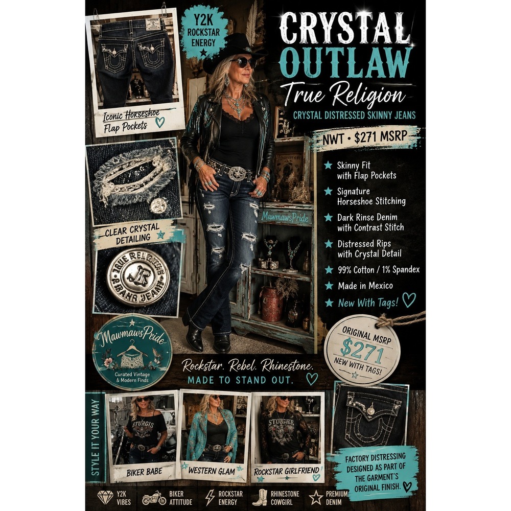NWT True Religion Crystal Distressed Skinny Jeans Size 28 Y2K Rockstar